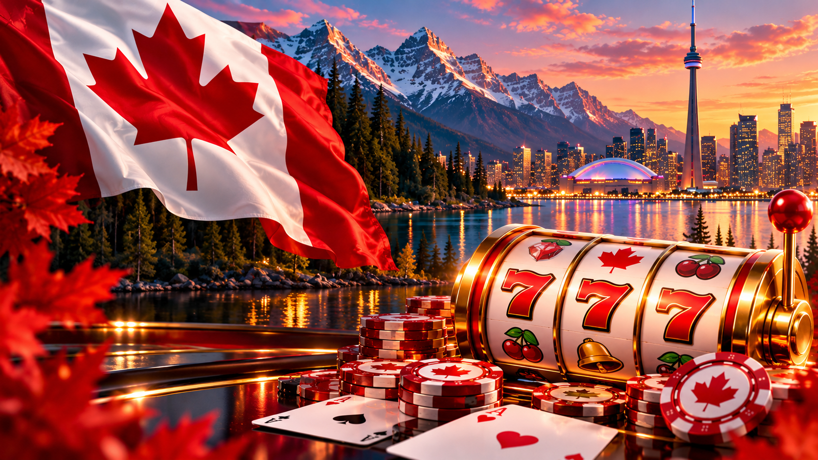 Casino-themed scene with Canadian flag and city skyline